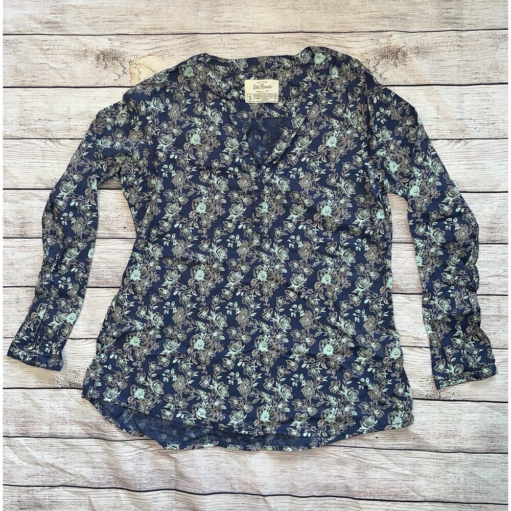 Old Ranch Blue Western Floral Geometric Tunic Womens Blouse Size Small B3
